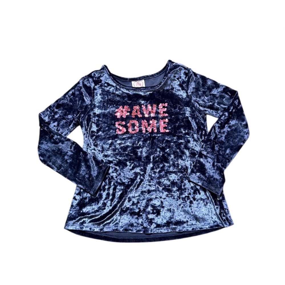 Little girls #awesome long sleeve blue velvet shirt